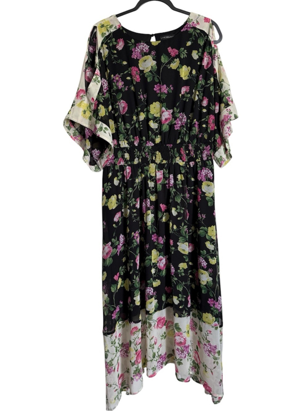 Lane Bryant Black Floral Midi Dress with Pink and Yellow Blooms